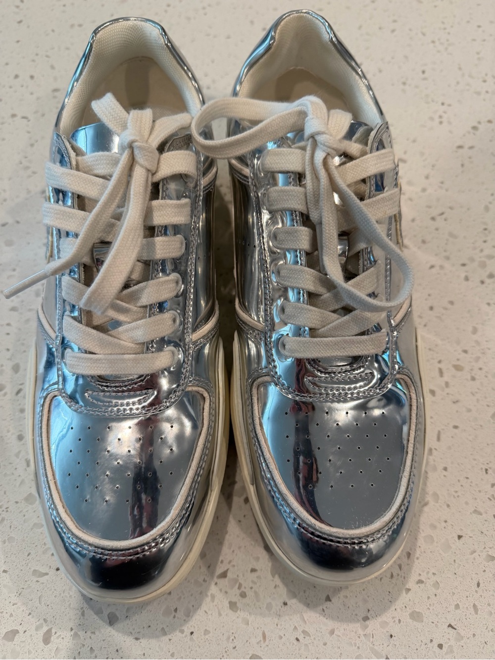 Tory Burch Metallic Clover Silver Low-Top Lace-Up Sneakers
